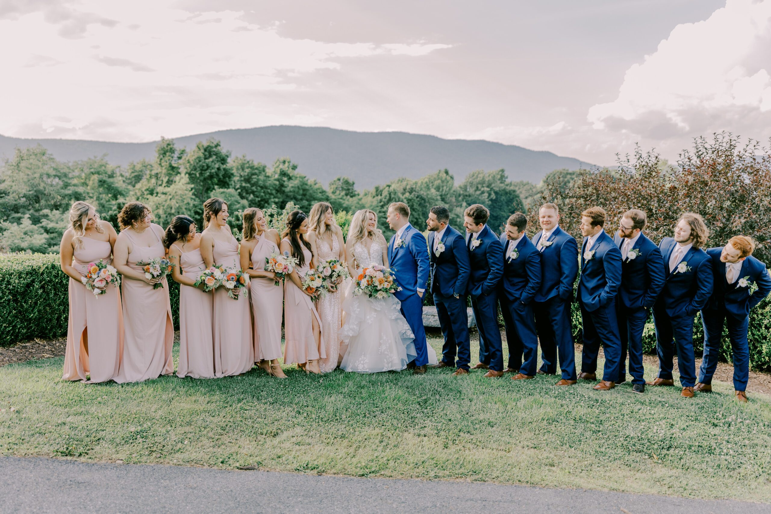 Full wedding party photo standing in grassy area outside at irvine estate summer wedding, bridesmaids all in pink dresses, groomsmen in blue suits.