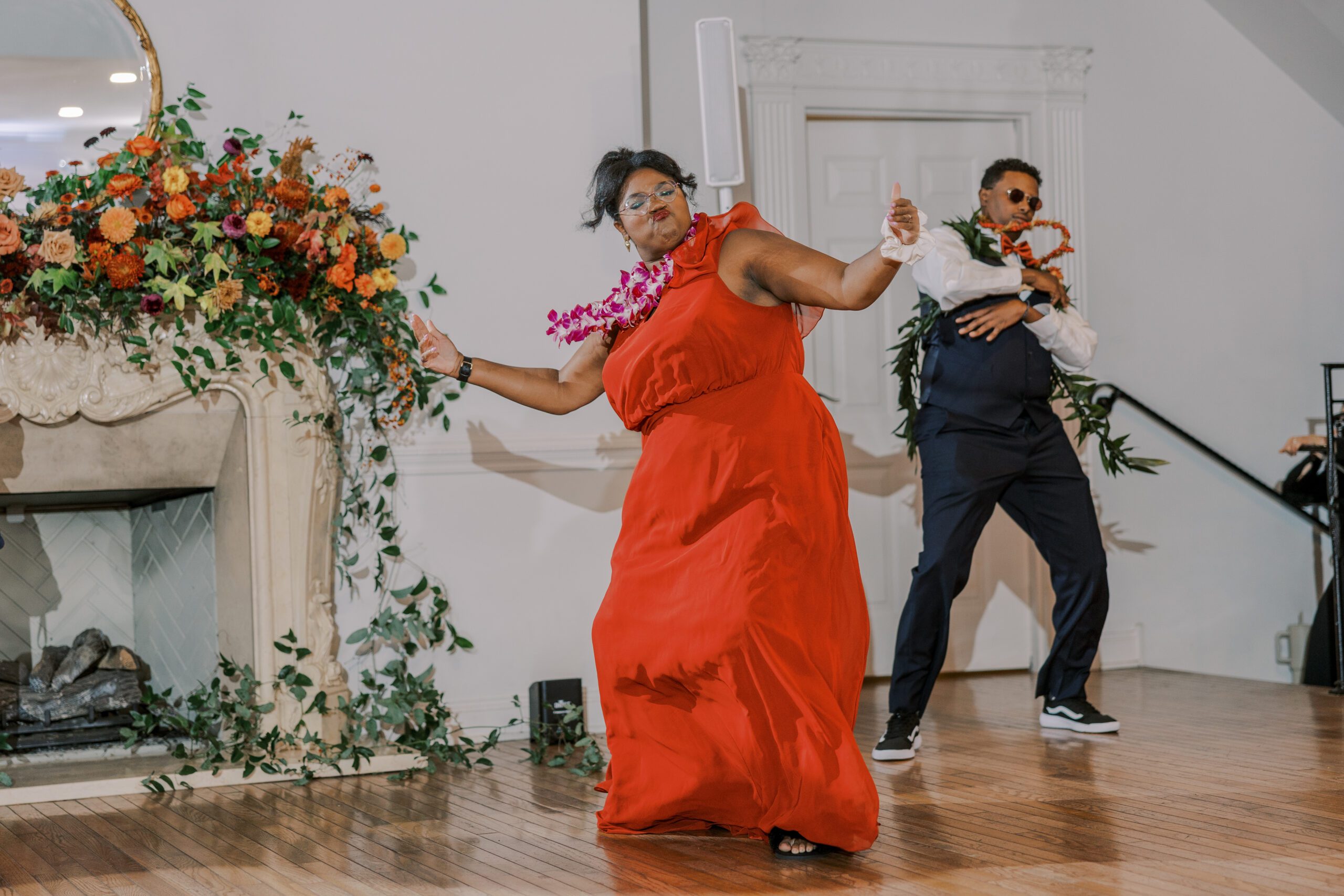 Bridesmaid and groomsmen dancing at the manor at airmont fall wedding
