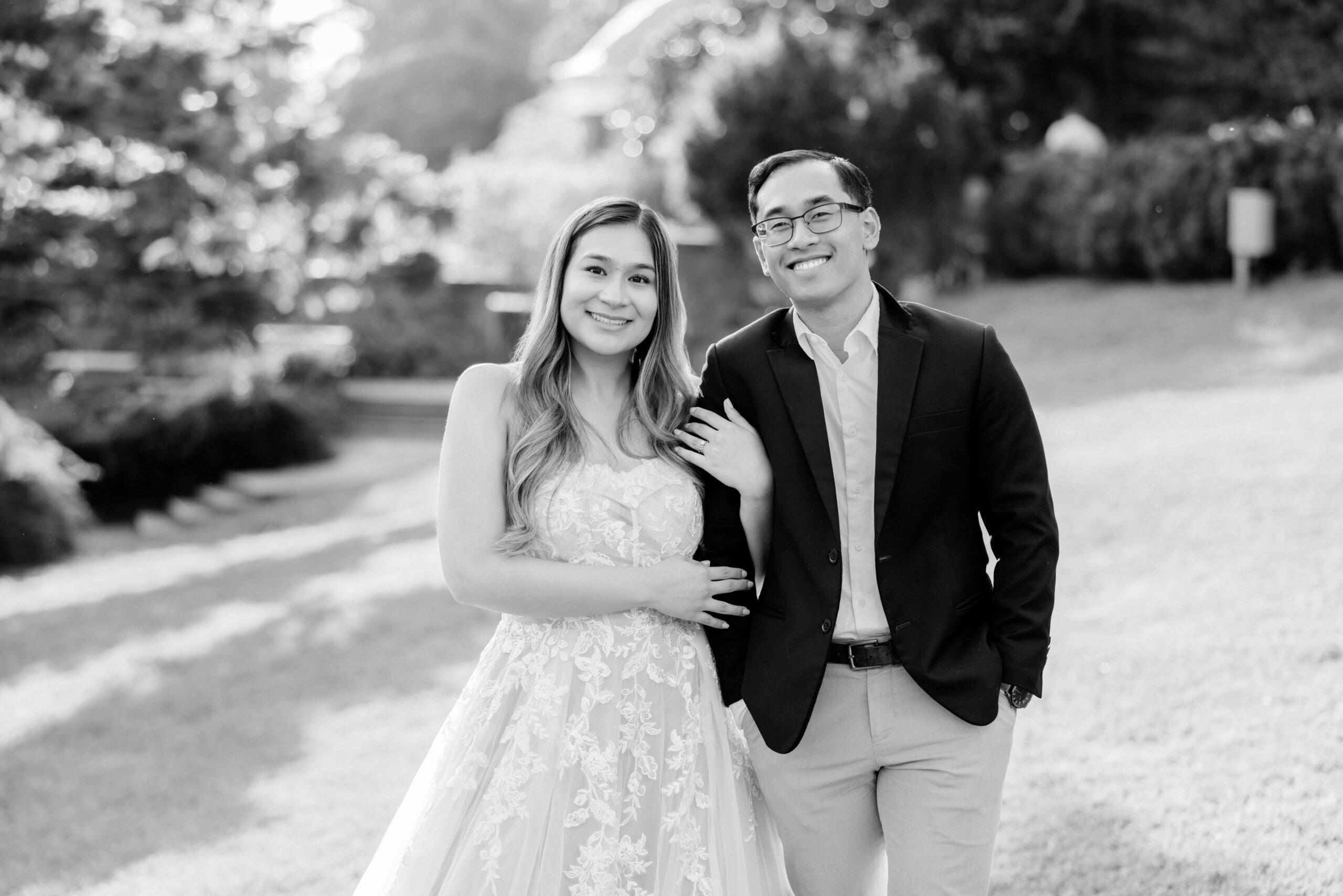 Maymont Park Engagement Summer Photography 5 Black and white photo of engaged couple standing together both smiling at camera