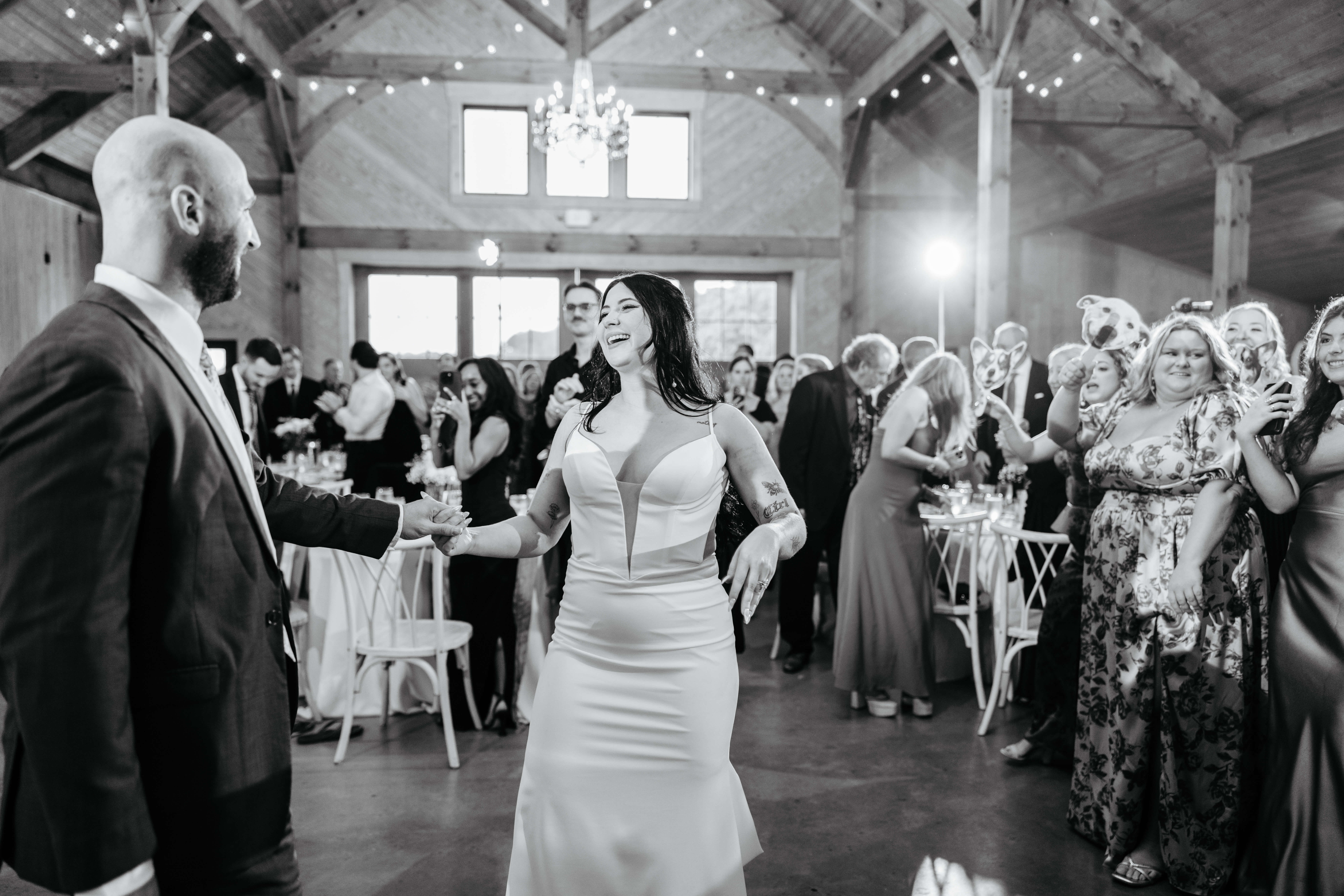 Barns of Kanak October Wedding 37 Black and white photo of bride and groom having their first dance as husband and wife