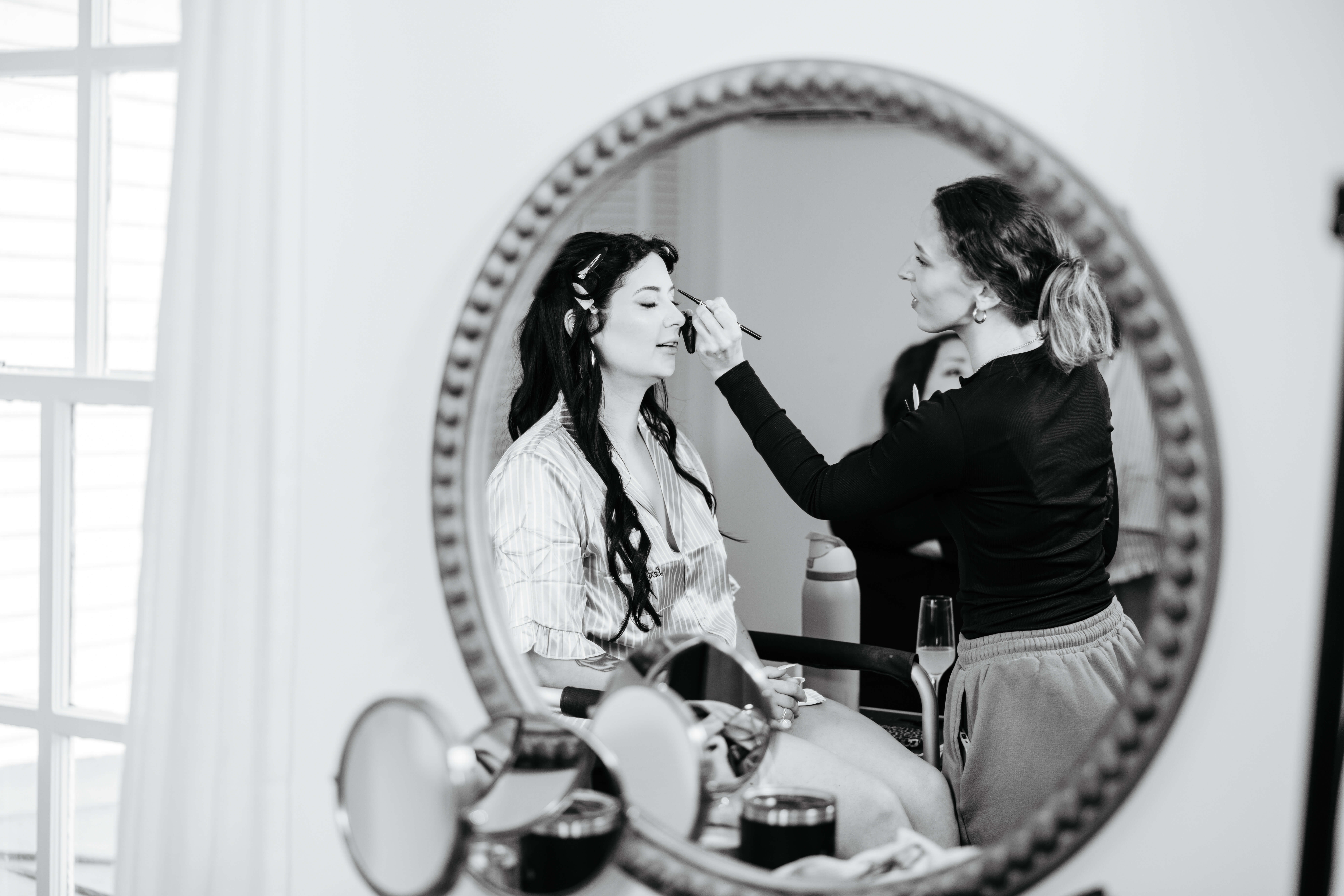 Barns of Kanak October Wedding 4 Black and white reflection photo in mirror of bride getting her makeup done