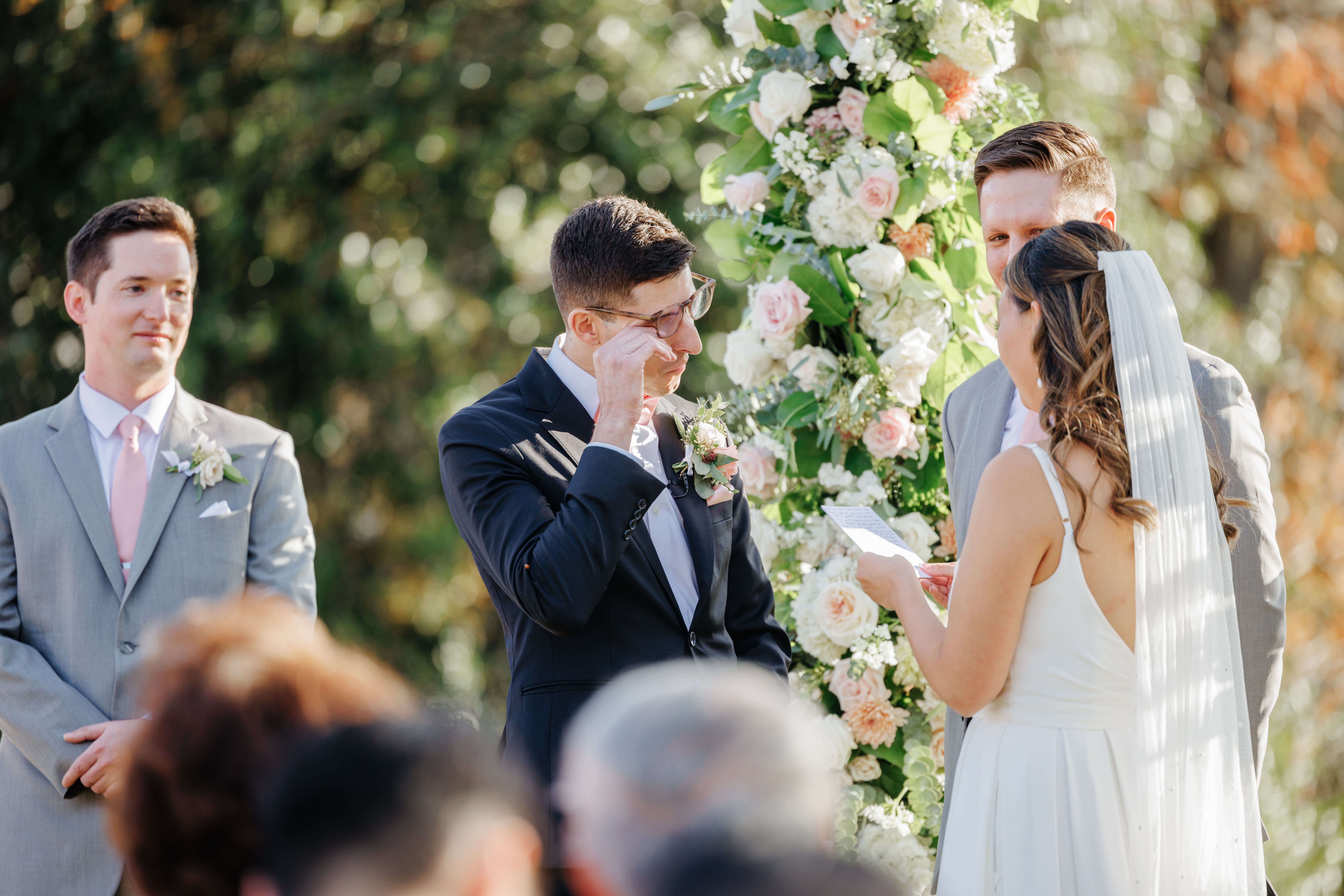 Valley Road Vineyard Fall Wedding 26 Groom wiping a tear from his eye during their ceremony