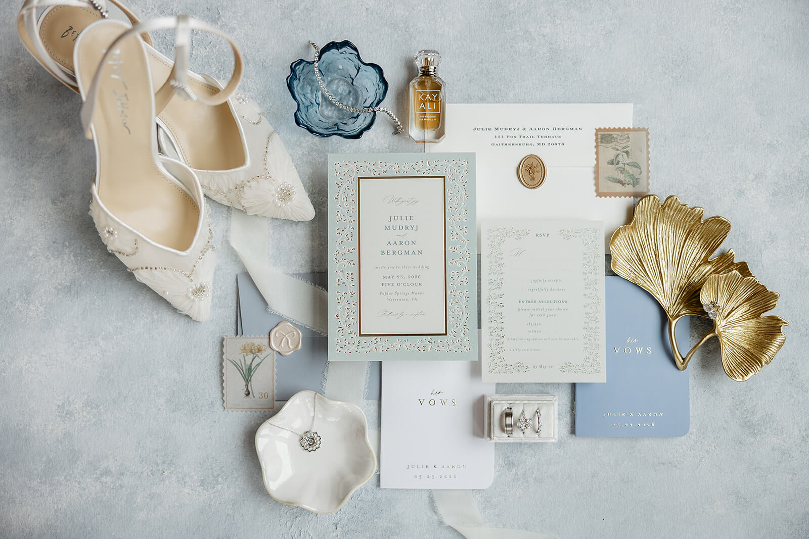 Poplar Springs Manor Spring Wedding Photography 1 detail photo of invitations, shoes, and perfume