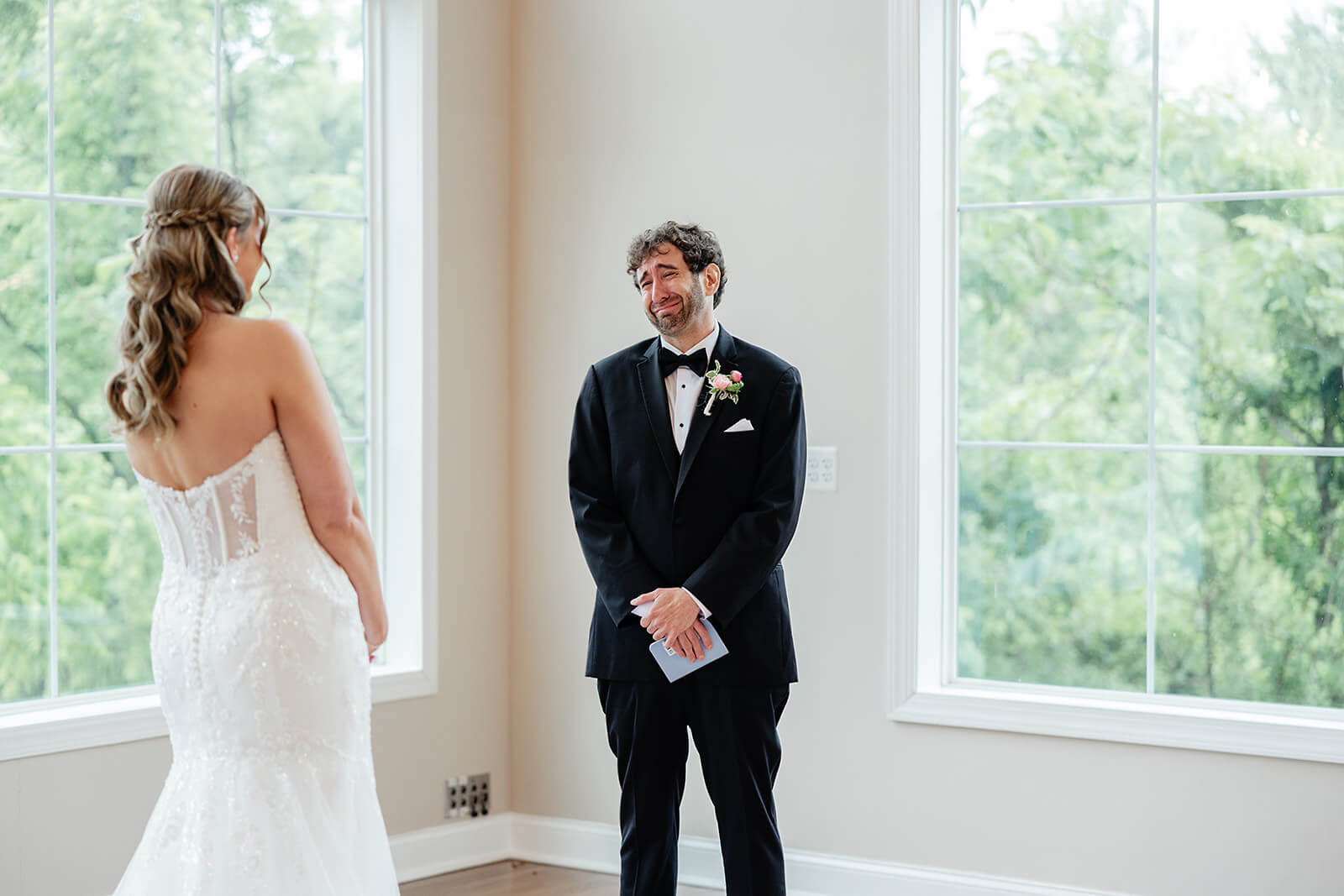 Poplar Springs Manor Spring Wedding Photography 8 bride and groom doing a first look, the groom is crying
