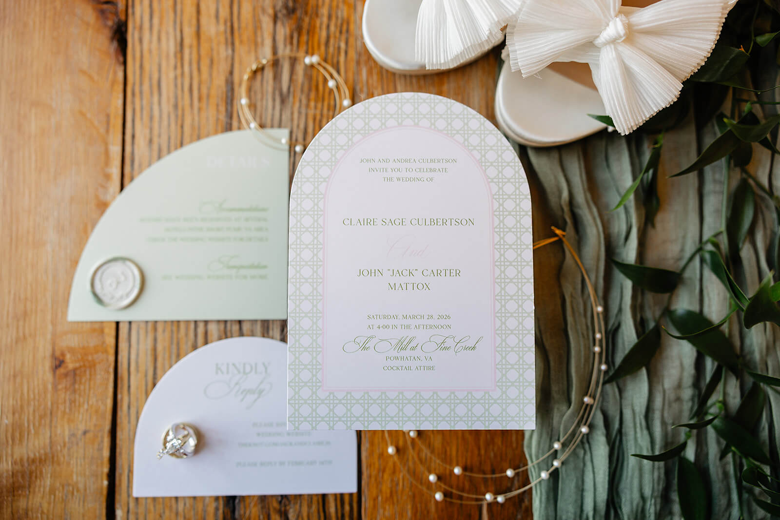 The Mill at Fine Creek Spring Wedding Photography in Powhatan 1 detail photo of invitations, shoes, and jewelry