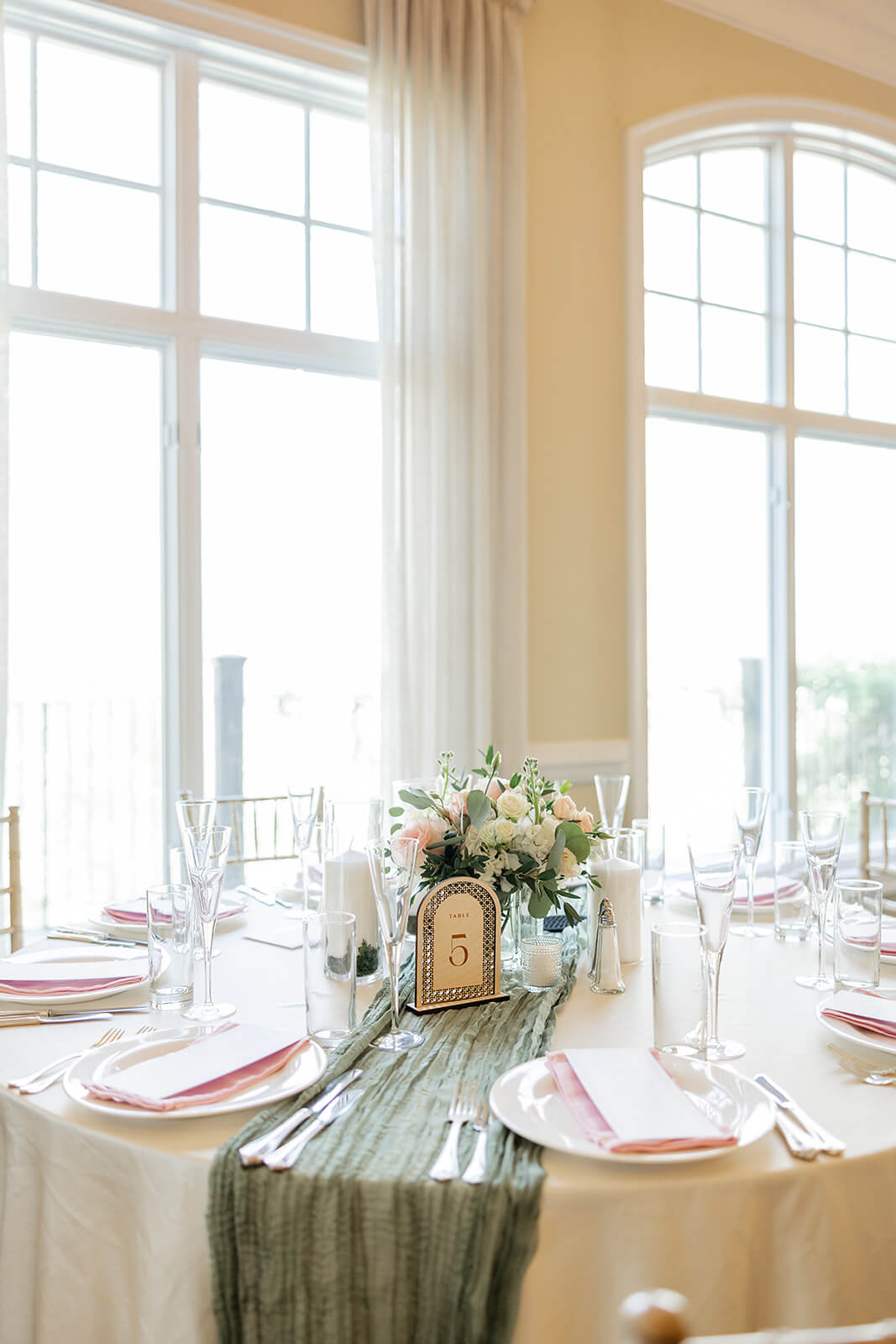 The Mill at Fine Creek Spring Wedding Photography in Powhatan 26 reception table, with green drapings and pink linens