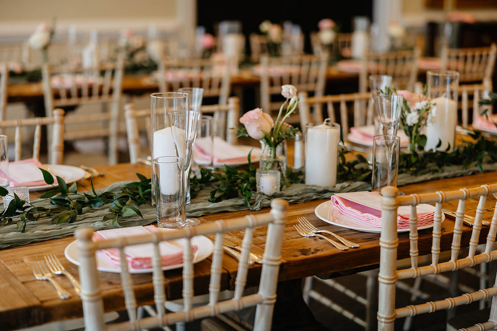 The Mill at Fine Creek Spring Wedding Photography in Powhatan 27 long reception tables with florals, greens, and pink linens