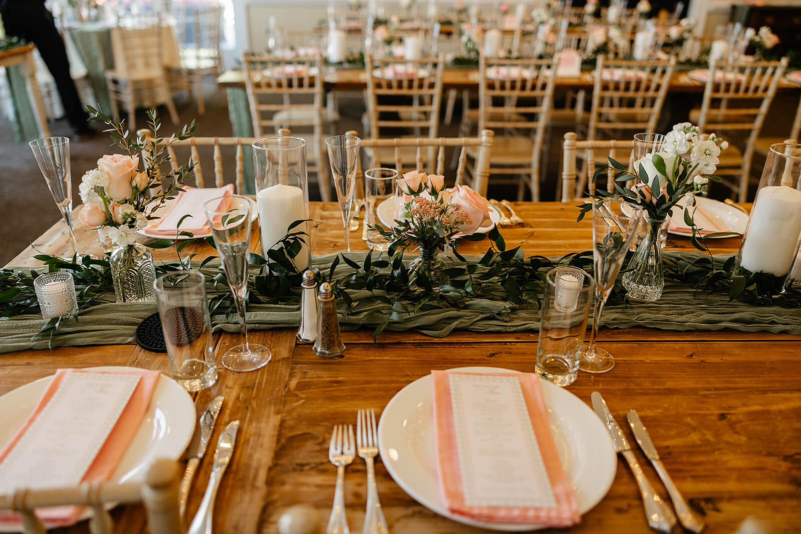 The Mill at Fine Creek Spring Wedding Photography in Powhatan 29 long reception tables with florals, greens, and pink linens