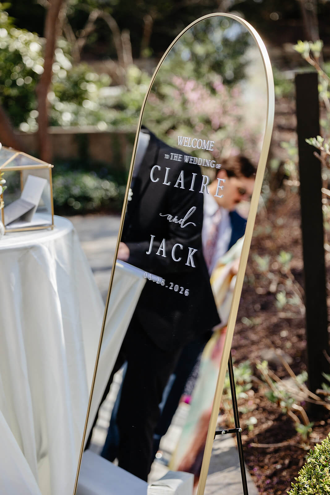 The Mill at Fine Creek Spring Wedding Photography in Powhatan 25 detail picture of specialty mirror with wedding details