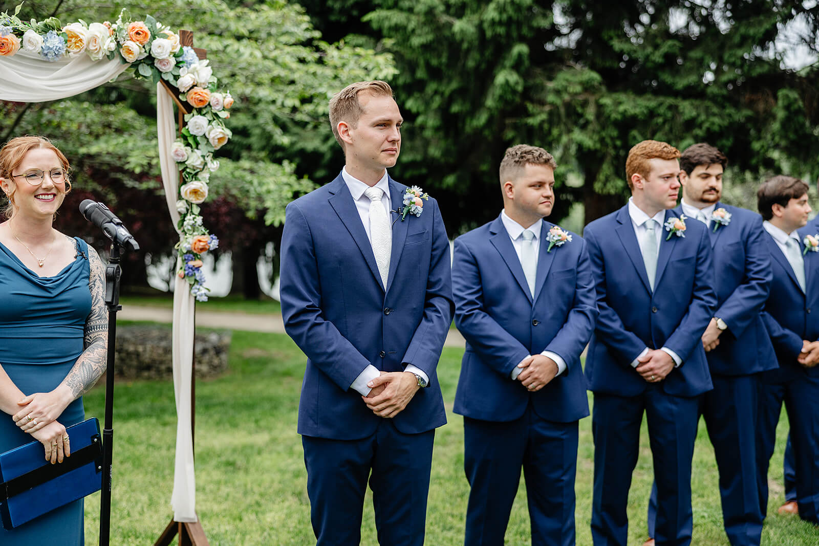 Allegheny RiverTrail Park Spring Wedding Photography 19 groom and groomsmen waiting at the alter