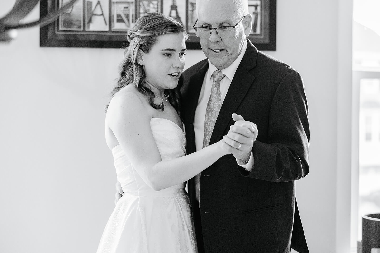 Allegheny RiverTrail Park Spring Wedding Photography 6 black and white photo of bride practicing dancing with her dad