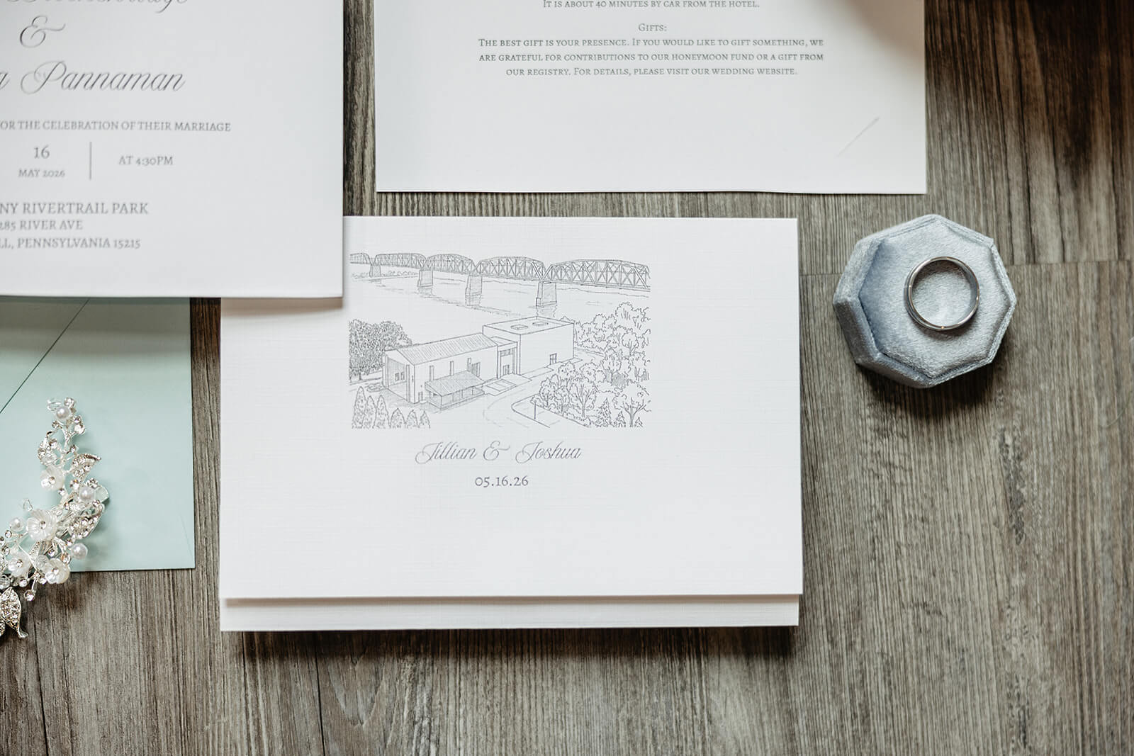 Allegheny RiverTrail Park Spring Wedding Photography 1 detail photo of invitation with sketch of venue on it
