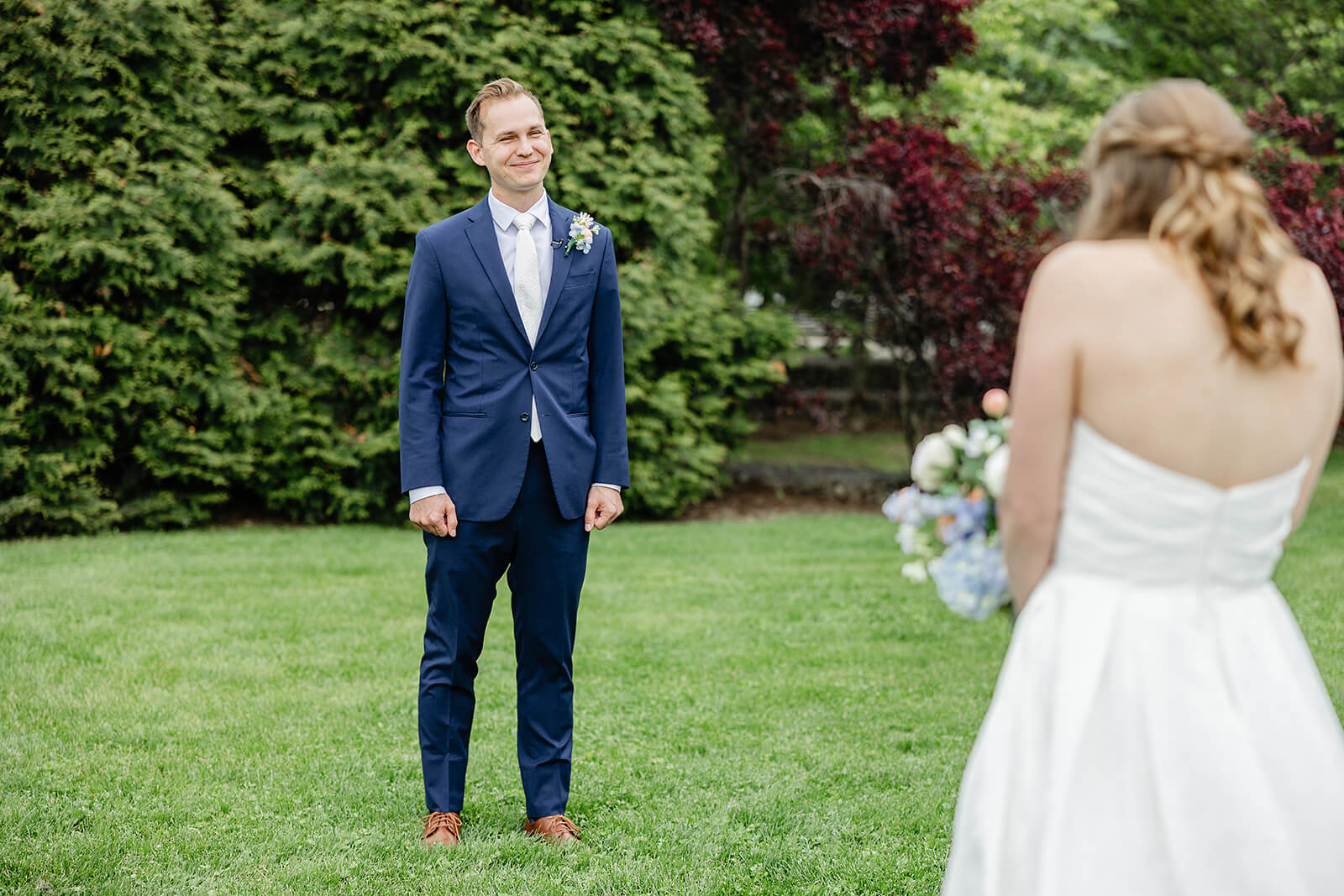Allegheny RiverTrail Park Spring Wedding Photography 9 groom smiling at bride during first look