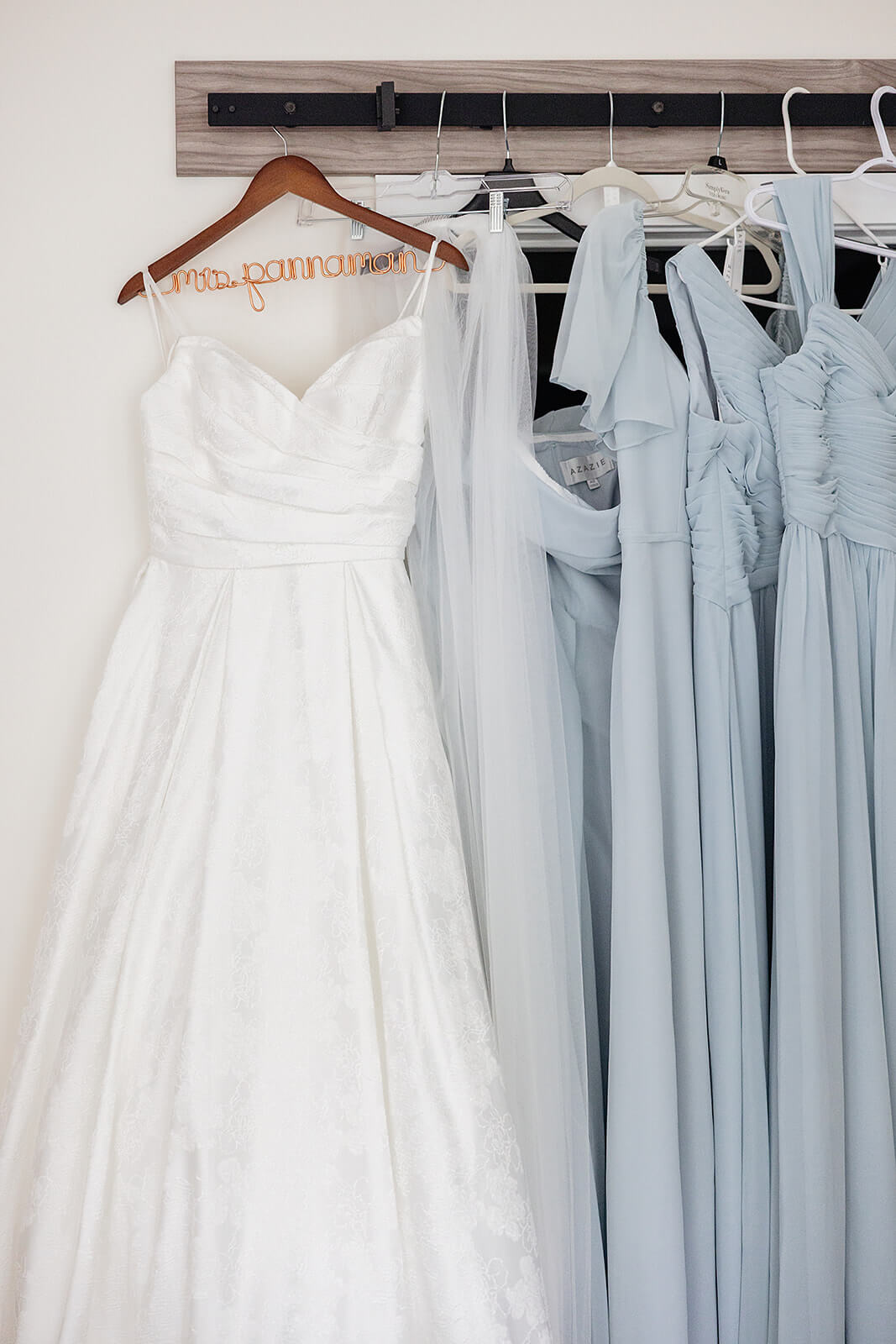 Allegheny RiverTrail Park Spring Wedding Photography 2 bride's dress hanging with light blue bridesmaids dresses