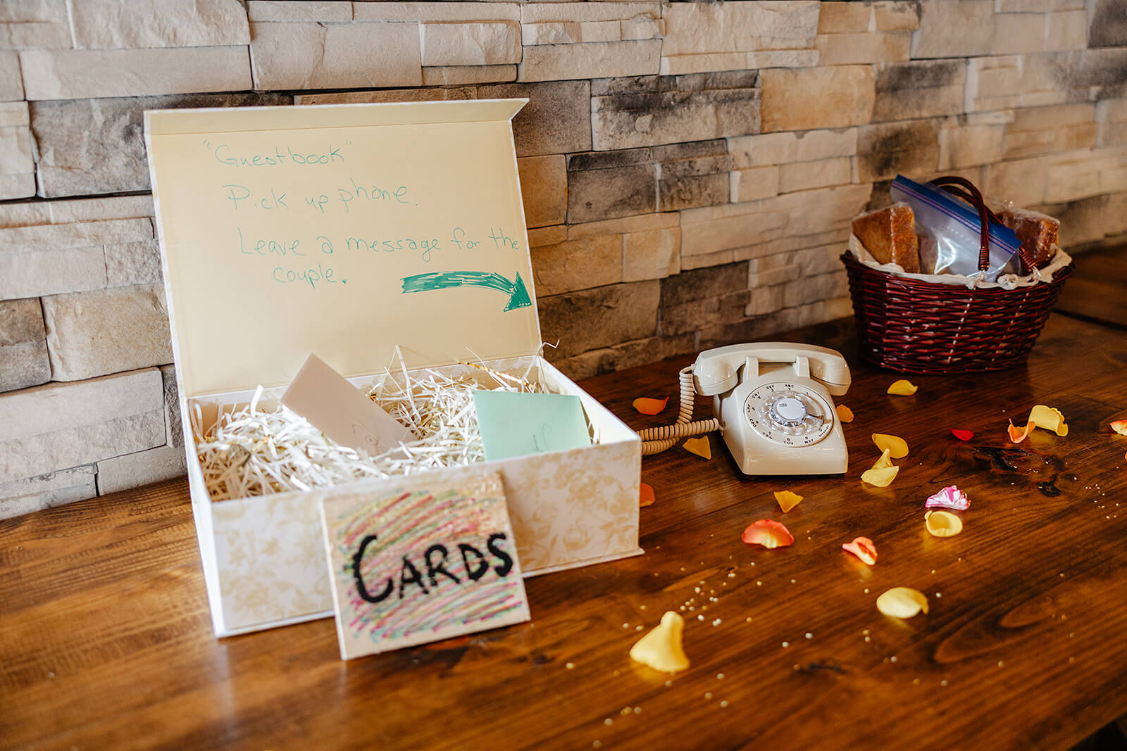 Vaughan Greenhouse Spring Wedding Photography 21 card table with white rotary phone