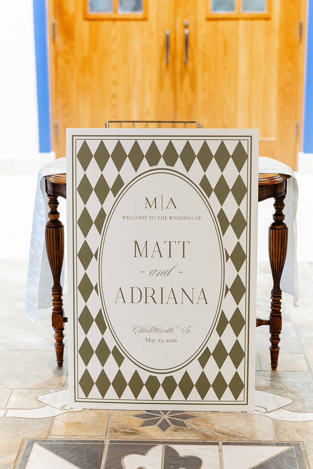 Matt + Adriana's May Wedding Photography 1 checkered wedding sign with couple's names