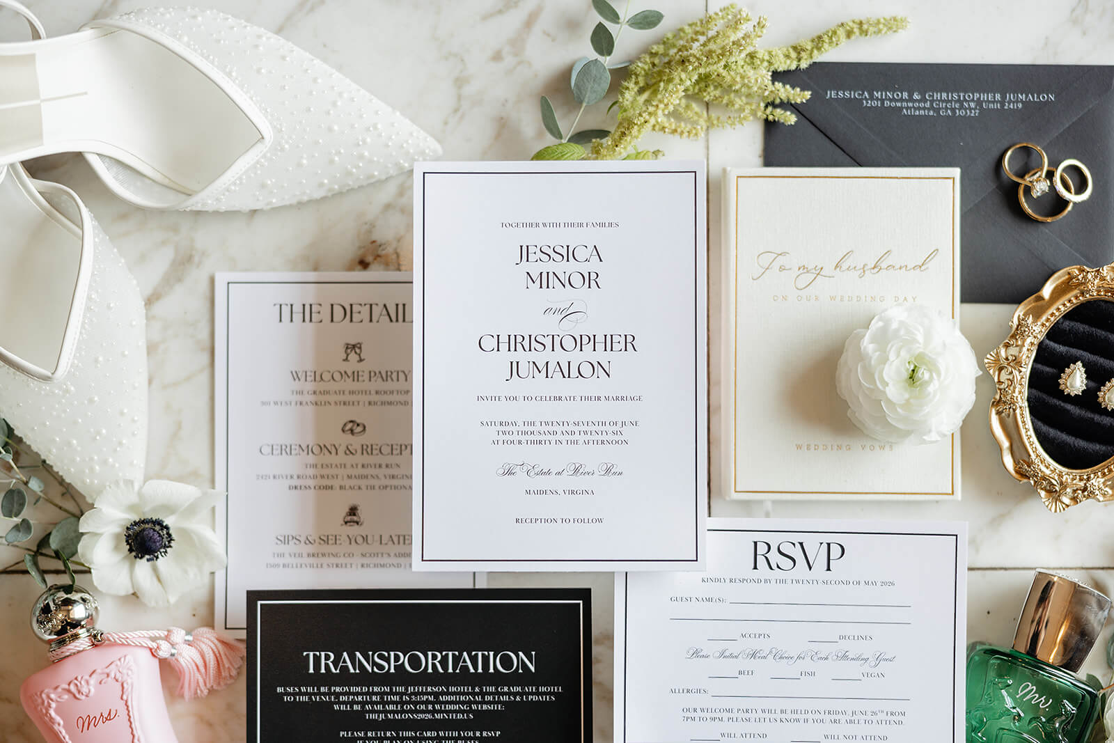 Estate at River Run Summer Wedding Photography 5 detail photo of invitations, jewelry, perfume, and rings